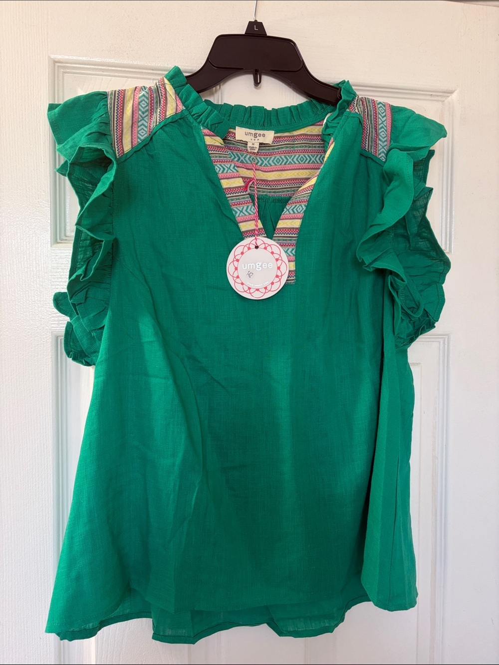 Umgee Emerald Green Embroidered Ruffle Sleeve Top